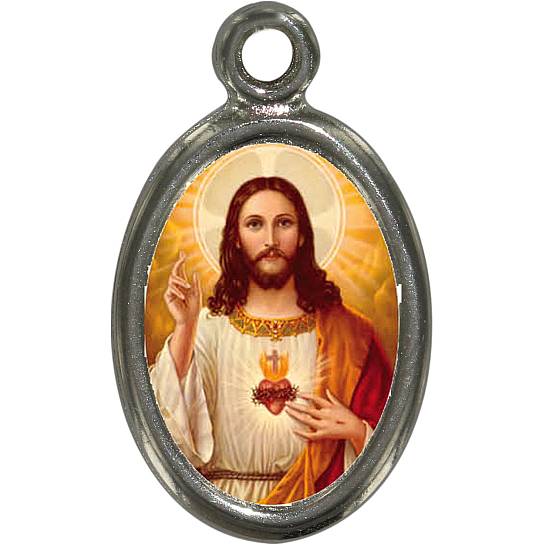 Medaglia Sacro Cuore di Gesù in metallo nichelato e resina - 1,5 cm
