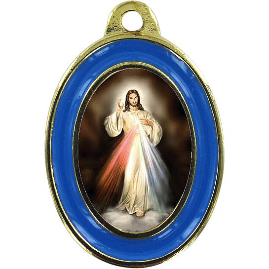 Medaglia Gesù Misericordioso in metallo dorato con bordo azzurro - 3 cm