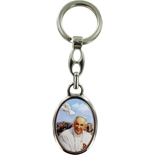 Portachiavi Papa Francesco benedicente ovale in metallo nichelato
