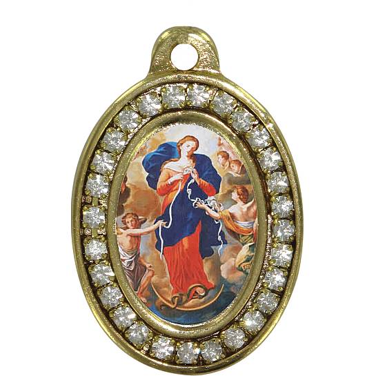 Medaglia Maria che Scioglie i Nodi, Ciondolo Madonna che Scioglie i Nodi, Metallo Dorato e Strass, 3,5 Centimetri