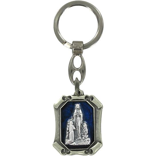 Portachiavi Lourdes tipo pergamena in metallo nichelato 