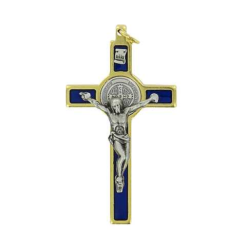 Croce di San Benedetto in ottone dorato con smalto blu - 5 cm