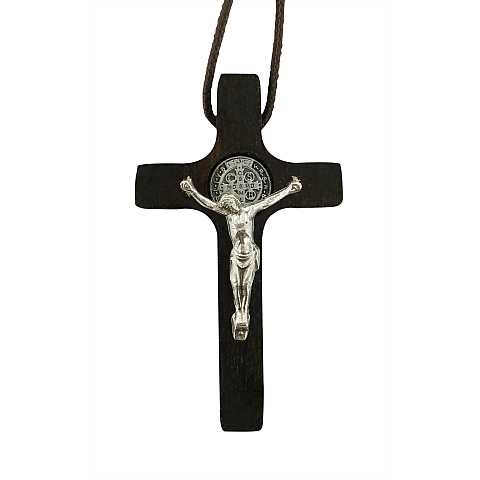 Croce San Benedetto in legno con Cristo in metallo - 5 cm