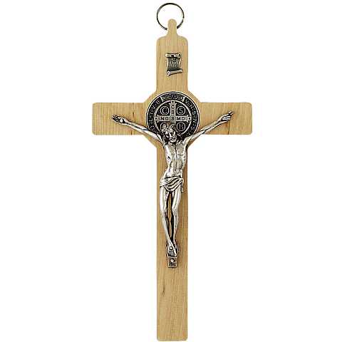 Crocifisso San Benedetto in legno naturale con Cristo in metallo - 20 cm