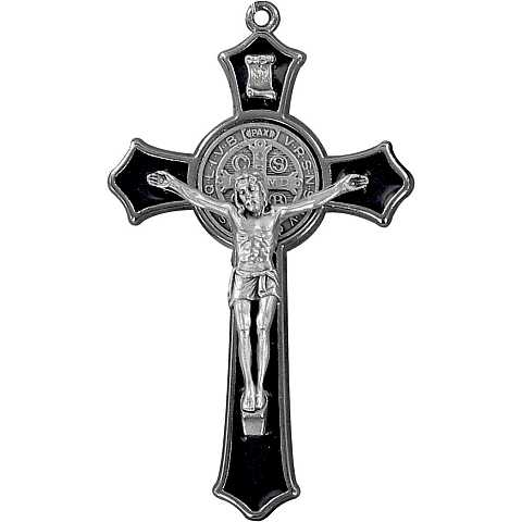 Croce San Benedetto in metallo nichelato con smalto marrone - 7,5 cm