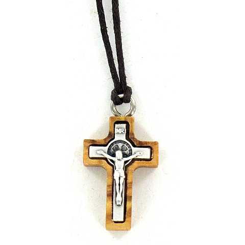 Croce San Benedetto in legno d'ulivo e metallo con cordone - 2,3 cm