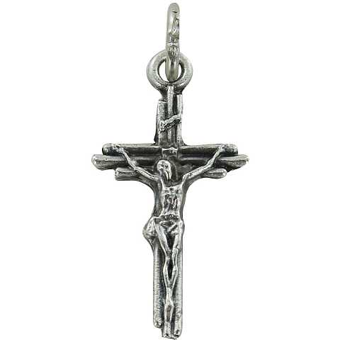 Croce tre tronchi con Cristo riportato in metallo ossidato - 2,5 cm