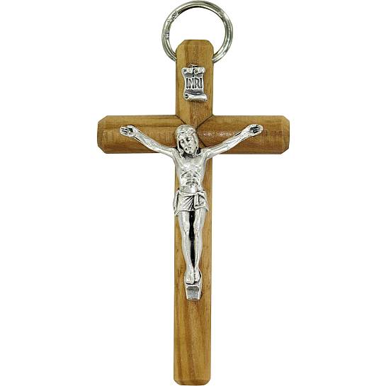Croce in ulivo con Cristo riportato in metallo argentato - 8 cm