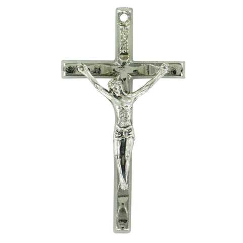 Croce barretta con Cristo riportato in metallo nichelato - 4 cm