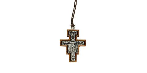 Croce San Damiano in metallo ossidato su legno ulivo con cordone - 4 x 3 cm