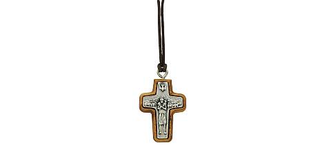 Croce Papa Francesco  in metallo su legno ulivo cm 3 con laccio