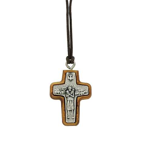 Croce Papa Francesco  in metallo su legno ulivo cm 3 con laccio