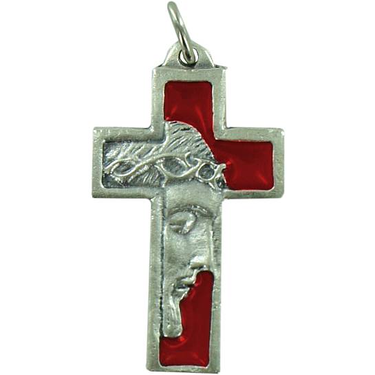 Croce volto Cristo in metallo nichelato e smalto rosso - 3,5 cm