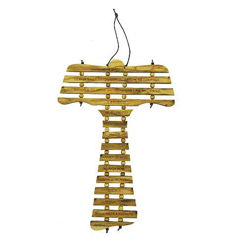 Croce Tau da parete in ulivo cm 17 con preghiera Ave Maria in spagnolo