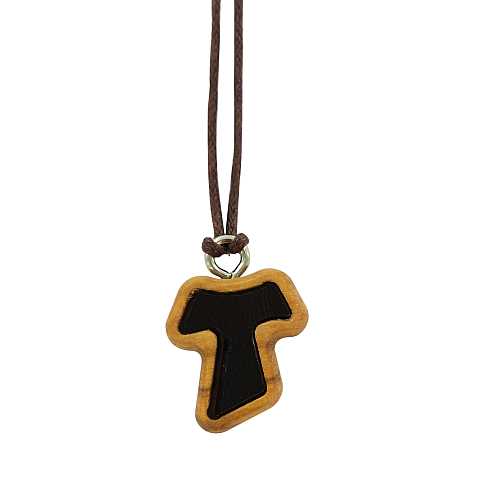 Croce Tau in legno di ulivo e cuoio con cordoncino (croce di San Francesco d'Assisi) - 1,5 cm