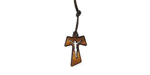 Croce Tau in legno di ulivo con Cristo traforato (croce di San Francesco d'Assisi) - 3 cm