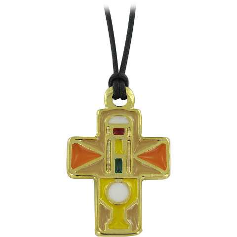 Croce in metallo dorato e smalto arancio con cordoncino