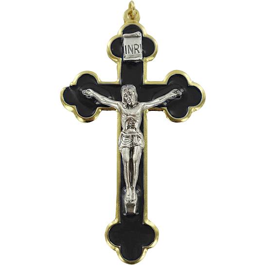 Croce in metallo dorato con smalto nero e Cristo riportato - 8 cm