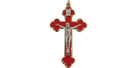 Croce in metallo dorato con smalto rosso e Cristo riportato - 8 cm