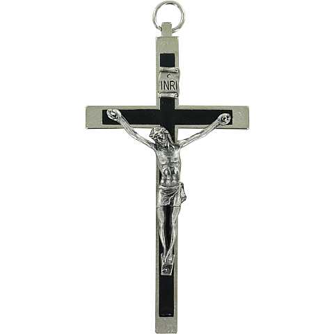 Croce in metallo nichelato con intarsio nero - 9 cm
