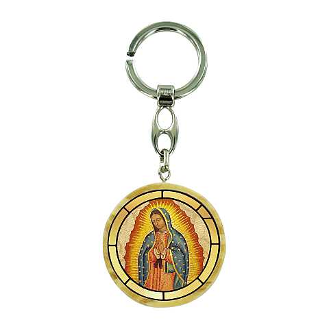 Portachiavi Madonna di Guadalupe in legno ulivo con immagine serigrafata - 4 cm