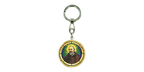 Portachiavi San Pio in legno ulivo con immagine serigrafata - 4 cm