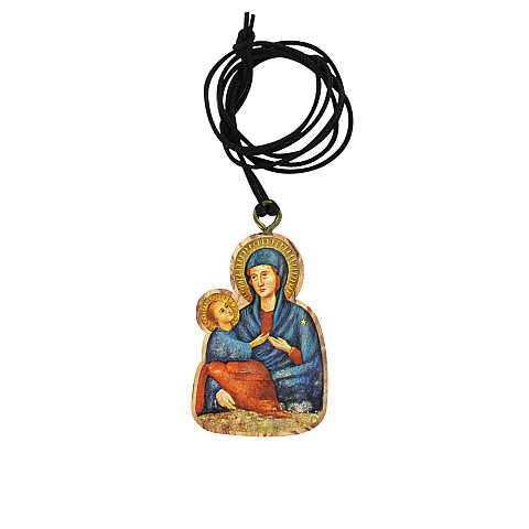 Ciondolo Madonna del Divino Amore in legno d'ulivo con immagine serigrafata 