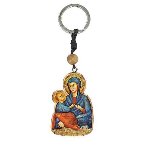 Portachiavi Madonna del Divino Amore in ulivo con grano e immagine serigrafata 