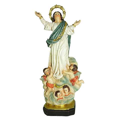 Statua della Madonna Assunta in cielo da 12 cm in confezione regalo con segnalibro