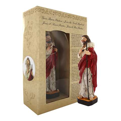 Statua di Cristo Buon Pastore di 12 cm in confezione regalo con segnalibro in IT/EN/ES/FR