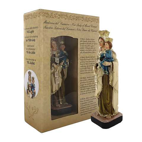 Statua della Madonna del Carmine da 12 cm in confezione regalo con segnalibro in IT/EN/ES/FR