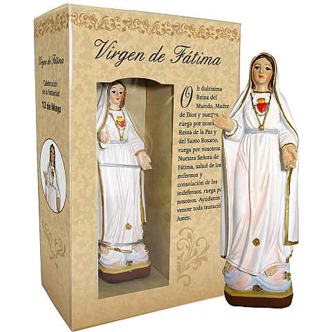 Ferrari & Arrighetti Statua di Madonna Fatima da 12 Cm in Confezione Regalo con Segnalibro, Statuetta Personaggio Religioso con Scatola Regalo Decorativa, Testi in SPAGNOLO