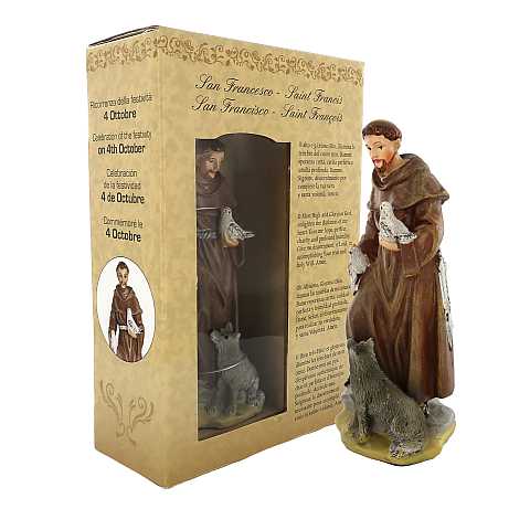 Statua di San Francesco da 12 cm in confezione regalo con segnalibro in IT/EN/ES/FR