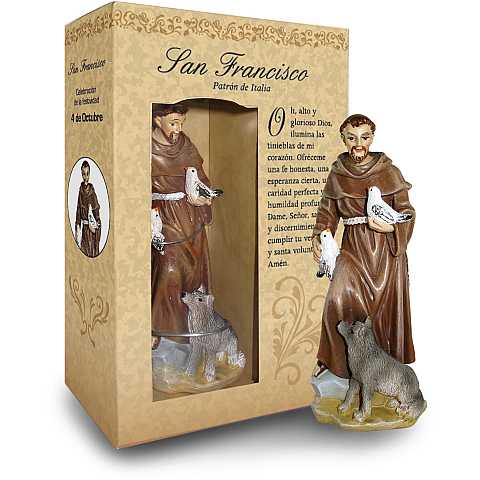 Statua di San Francesco da 12 cm in confezione regalo con segnalibro in versione SPAGNOLO