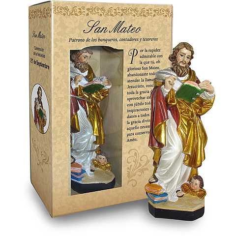 Statua di San Matteo da 12 cm in confezione regalo con segnalibro in versione SPAGNOLO