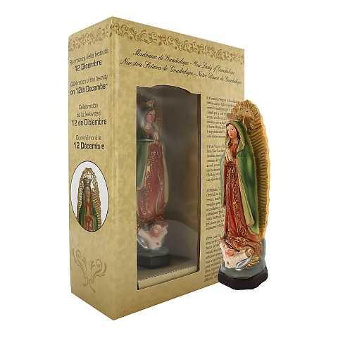 Statua della Madonna di Guadalupe da 12 cm in confezione regalo con segnalibro in IT/EN/ES/FR