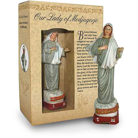 Statua della Madonna di Medjugorje da 12 cm in confezione regalo con segnalibro in versione INGLESE