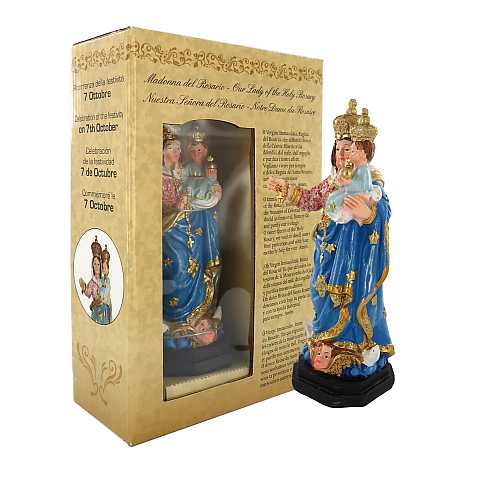 Statua della Madonna del Rosario da 12 cm in confezione regalo con segnalibro in IT/EN/ES/FR