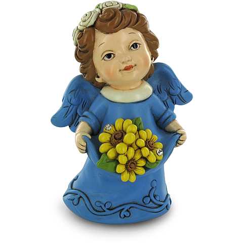 STOCK:Angelo salvadanaio in resina azzurro con fiore giallo da 12,5 cm