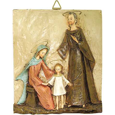 Quadro Sacra Famiglia rettangolare in resina colorata a mano - Bassorilievo - 32 x 38 cm 