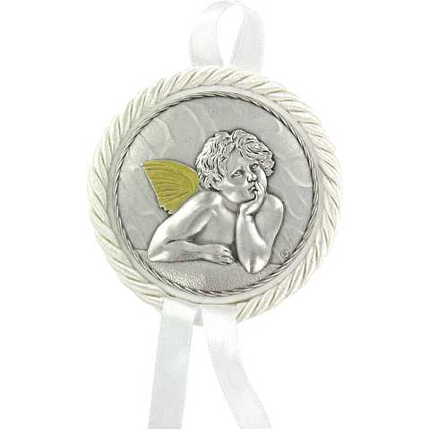Sopraculla in pelle con medaglia in metallo raffigurante un angelo cherubino (bianco) Ø 7 cm