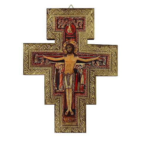 Crocifisso San Damiano da parete stampa su legno bordo oro - 19,5 x 15 cm