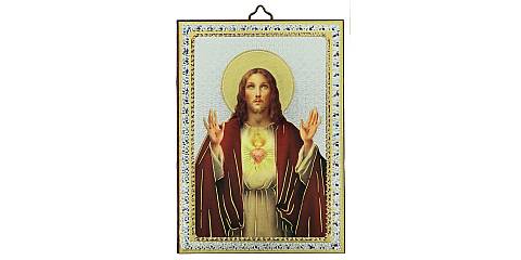 Quadretto del Sacro Cuore di Gesù, tavola in legno con stampa cartacea - 10 x 14 cm