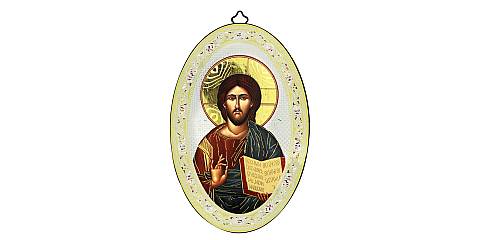 Icona Cristo con Libro Aperto stampa su legno ovale - 12 x 18 cm