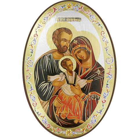 Icona Sacra Famiglia, stampa cartacea su legno MDF ovale - 20 x 30 cm