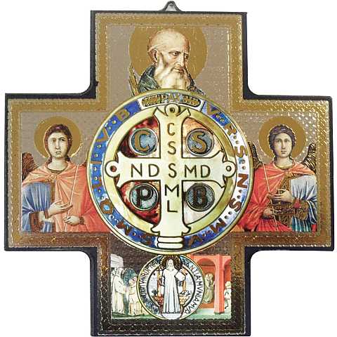  Croce icona San Benedetto stampa su legno - 15 x 15 cm