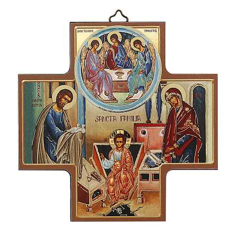 Croce icona Sacra Famiglia in legno - 15 x 15 cm