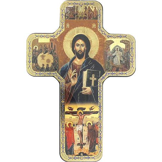 Croce icona Cristo con Libro Chiuso stampa su legno - 18 x 12 cm 