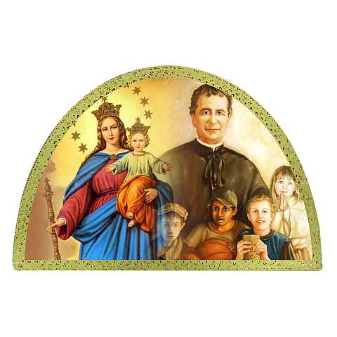 Tavola San Giovanni Bosco e Madonna Ausiliatrice stampa su legno ad arco - 18 x 12 cm