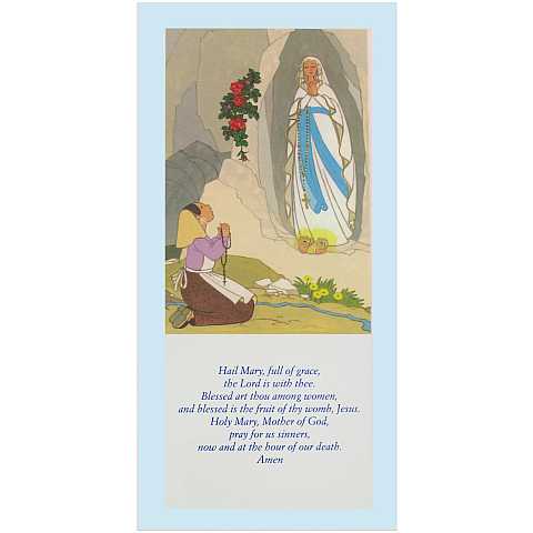 Tavola Lourdes con preghiera Ave Maria in inglese su legno azzurro - 26 x 12,5 cm   